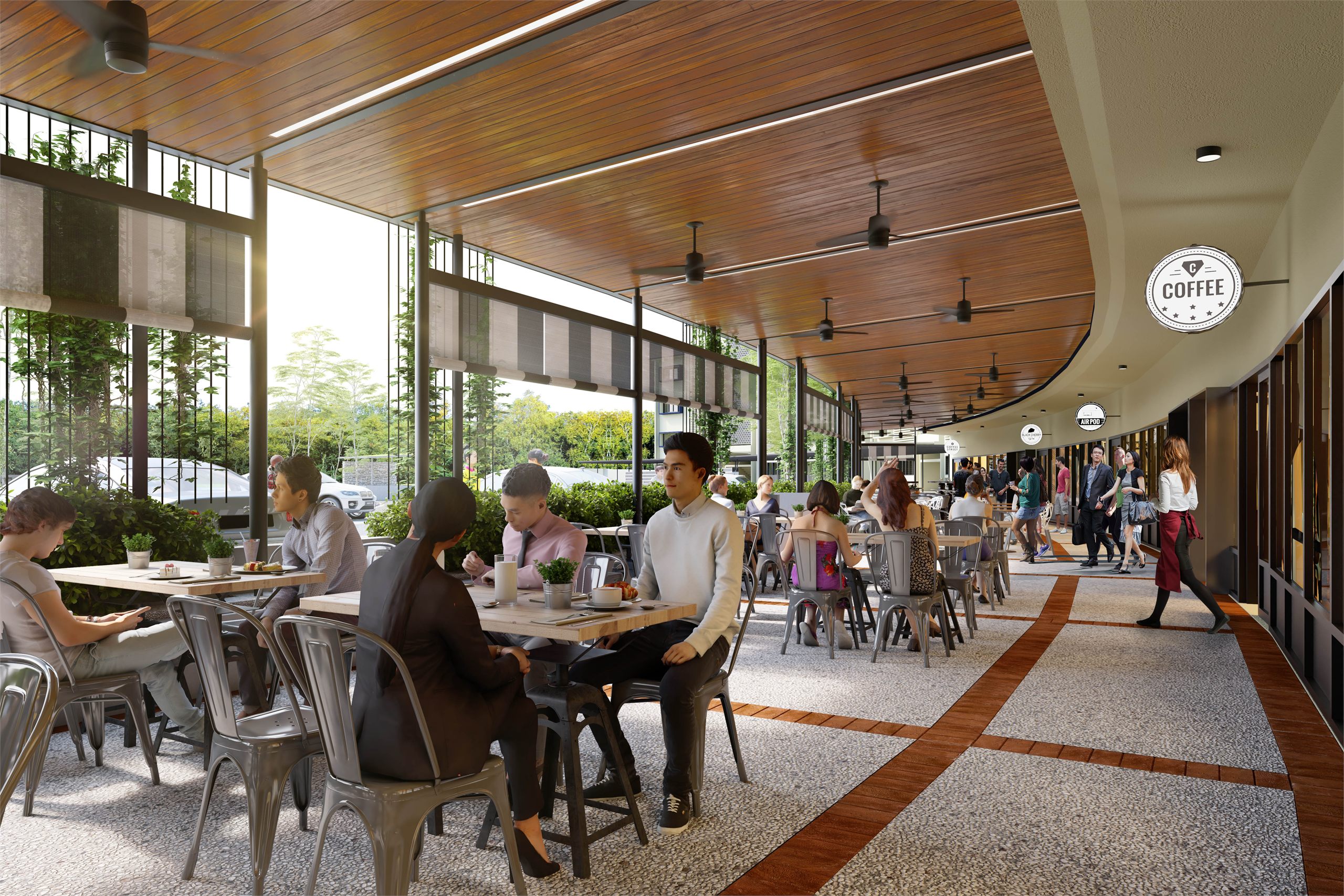 Guests gathered in a community dining hall